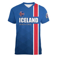 Custom Iceland Football Women V-Neck T-Shirt Blue with Flag Style