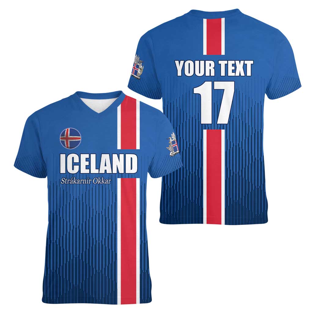 Custom Iceland Football Women V-Neck T-Shirt Blue with Flag Style