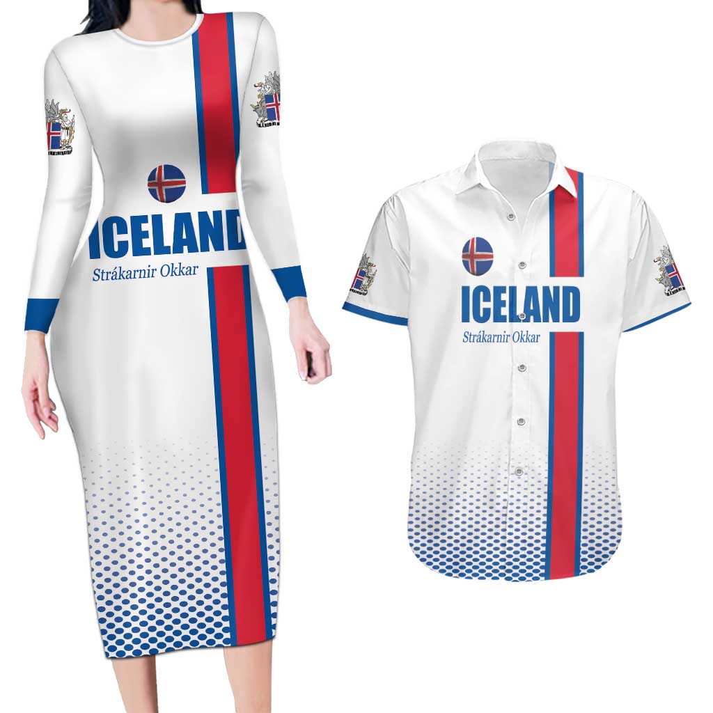 Custom Iceland Football Couples Matching Long Sleeve Bodycon Dress and Hawaiian Shirt White with Flag Style