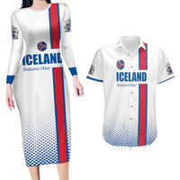 Custom Iceland Football Couples Matching Long Sleeve Bodycon Dress and Hawaiian Shirt White with Flag Style