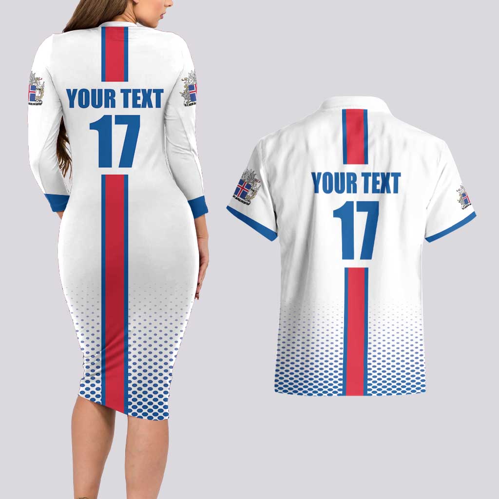 Custom Iceland Football Couples Matching Long Sleeve Bodycon Dress and Hawaiian Shirt White with Flag Style
