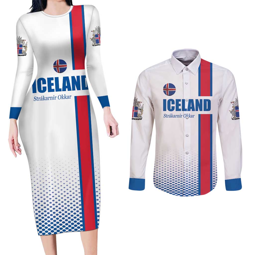 Custom Iceland Football Couples Matching Long Sleeve Bodycon Dress and Long Sleeve Button Shirt White with Flag Style