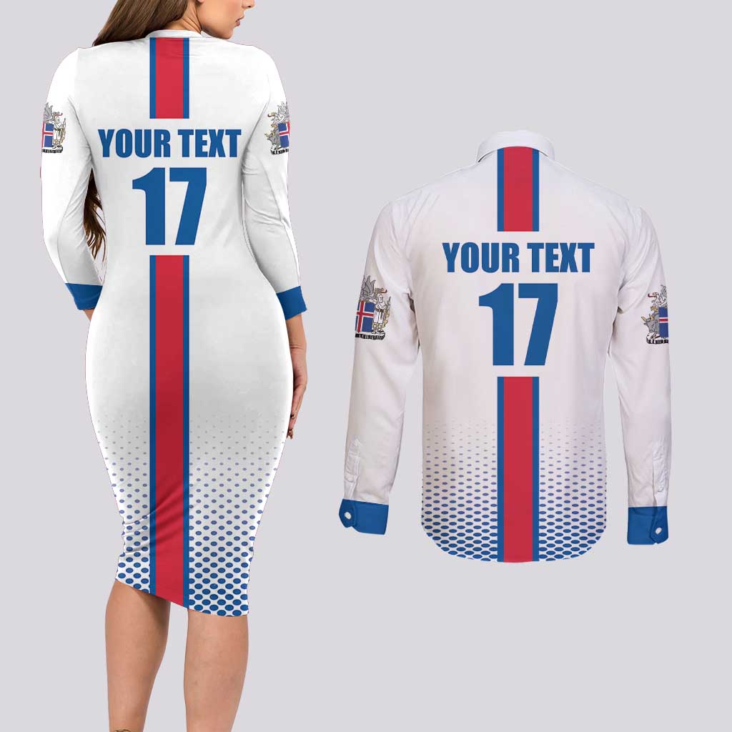Custom Iceland Football Couples Matching Long Sleeve Bodycon Dress and Long Sleeve Button Shirt White with Flag Style