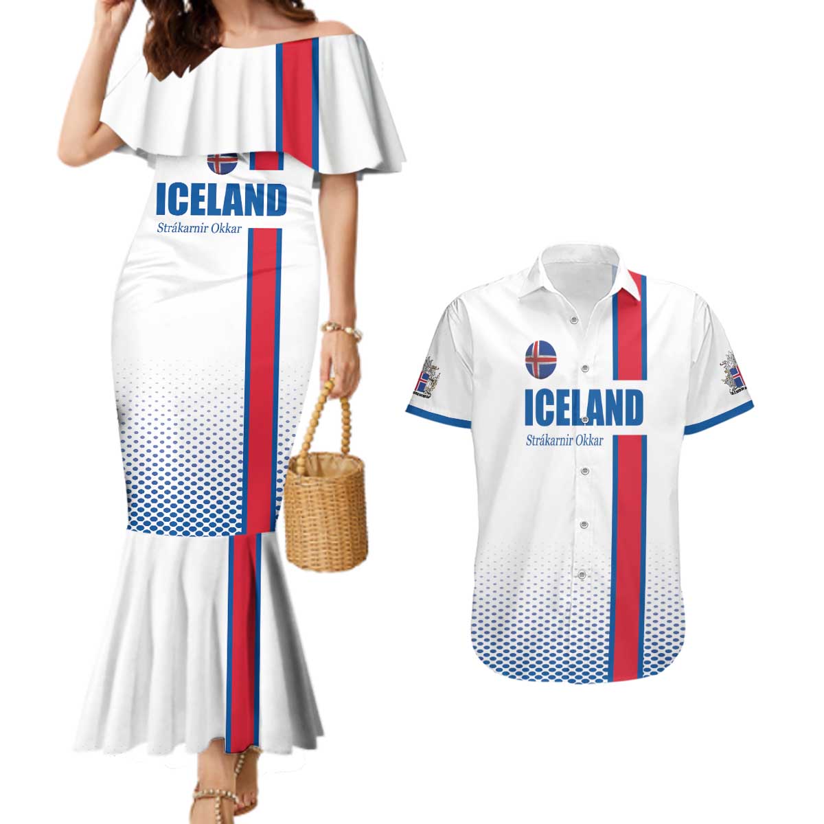 Custom Iceland Football Couples Matching Mermaid Dress and Hawaiian Shirt White with Flag Style
