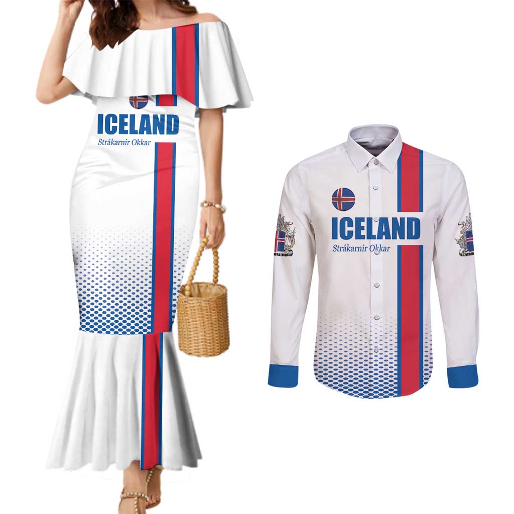 Custom Iceland Football Couples Matching Mermaid Dress and Long Sleeve Button Shirt White with Flag Style