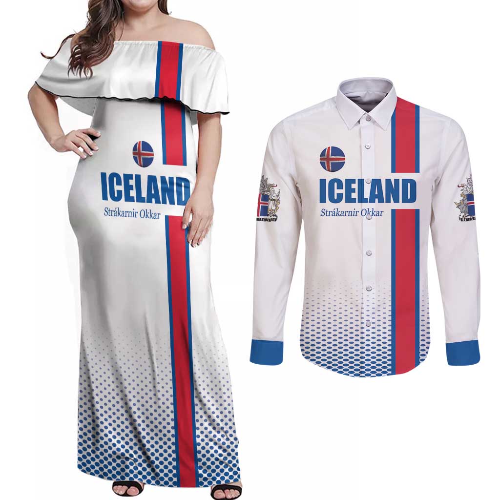 Custom Iceland Football Couples Matching Off Shoulder Maxi Dress and Long Sleeve Button Shirt White with Flag Style