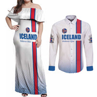 Custom Iceland Football Couples Matching Off Shoulder Maxi Dress and Long Sleeve Button Shirt White with Flag Style