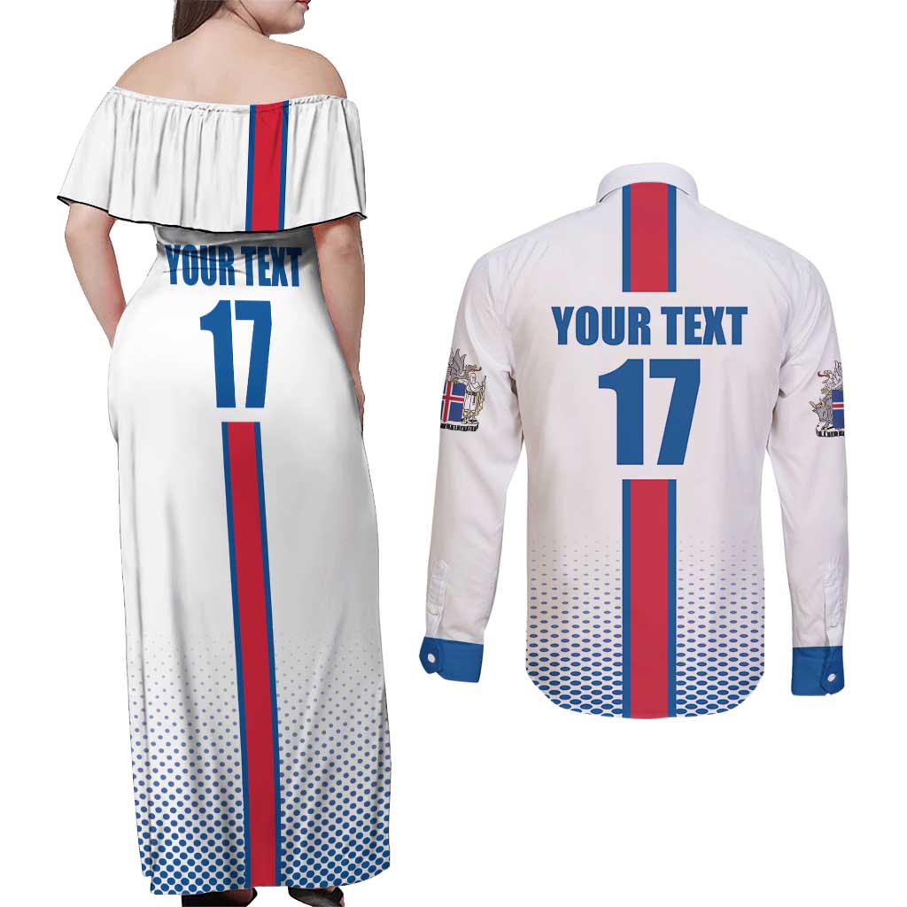 Custom Iceland Football Couples Matching Off Shoulder Maxi Dress and Long Sleeve Button Shirt White with Flag Style