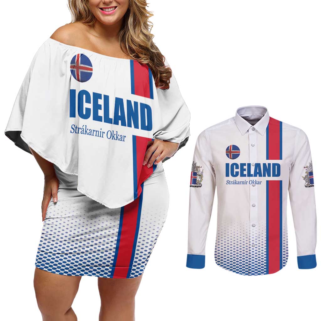 Custom Iceland Football Couples Matching Off Shoulder Short Dress and Long Sleeve Button Shirt White with Flag Style