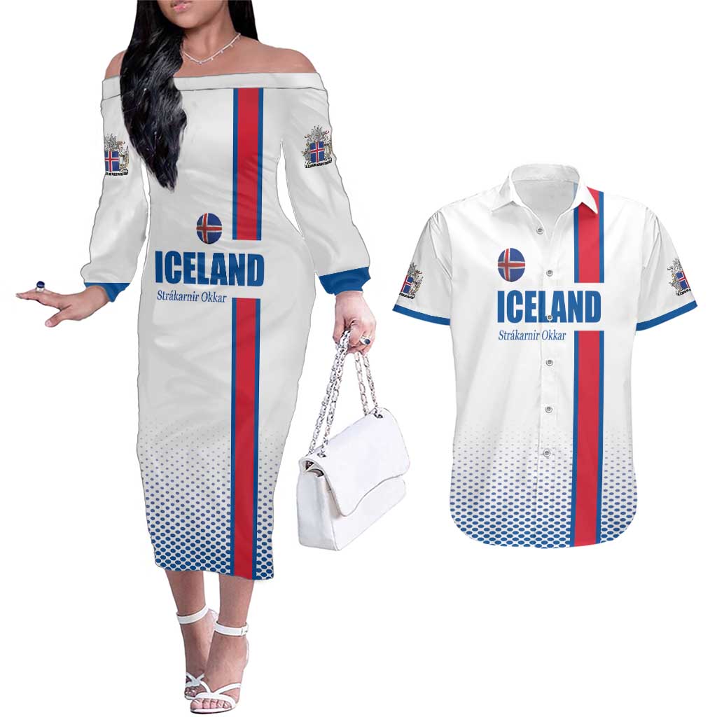 Custom Iceland Football Couples Matching Off The Shoulder Long Sleeve Dress and Hawaiian Shirt White with Flag Style