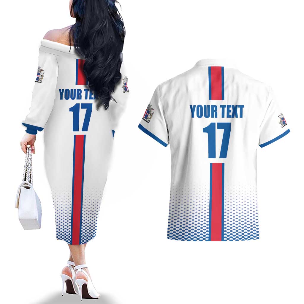 Custom Iceland Football Couples Matching Off The Shoulder Long Sleeve Dress and Hawaiian Shirt White with Flag Style