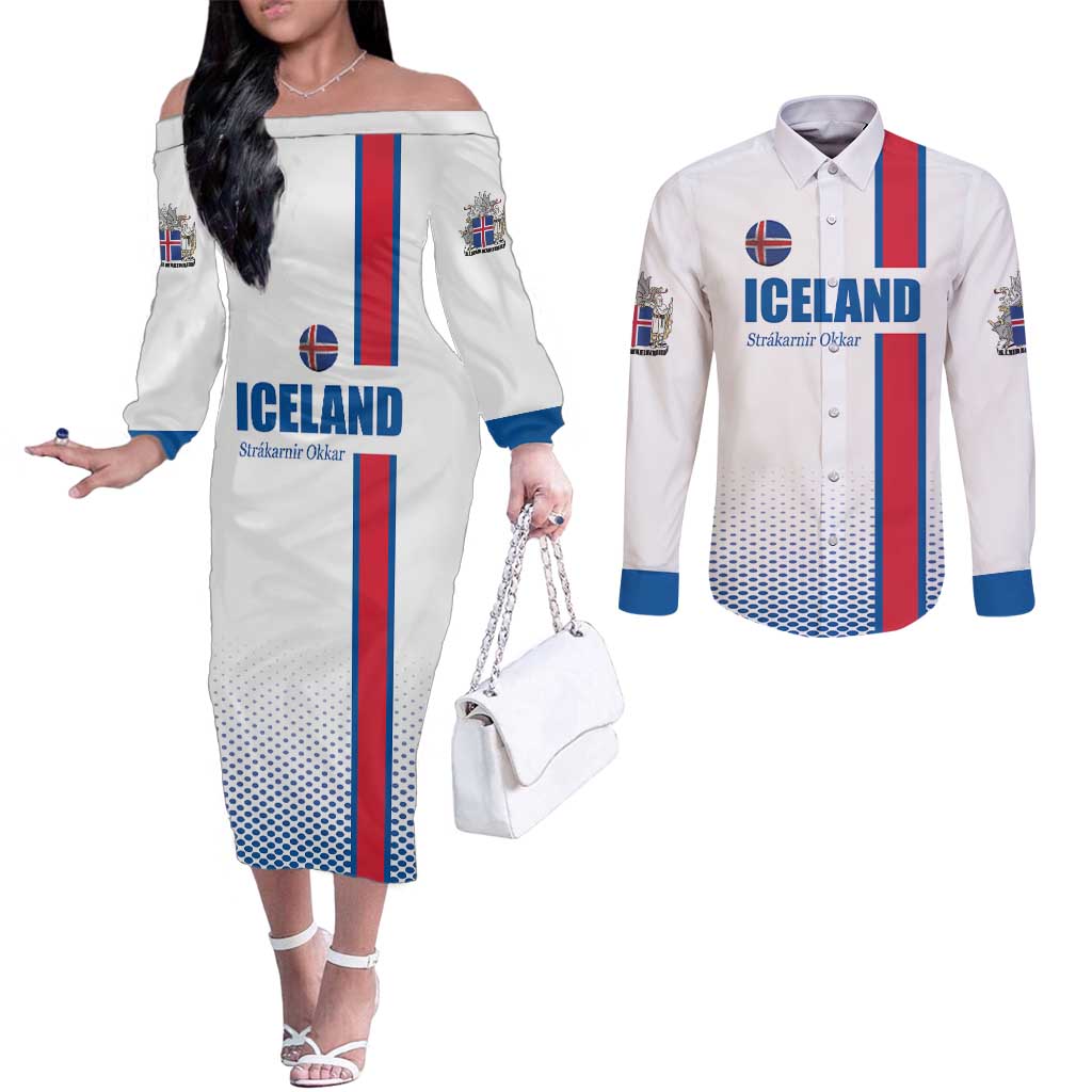 Custom Iceland Football Couples Matching Off The Shoulder Long Sleeve Dress and Long Sleeve Button Shirt White with Flag Style