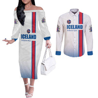 Custom Iceland Football Couples Matching Off The Shoulder Long Sleeve Dress and Long Sleeve Button Shirt White with Flag Style
