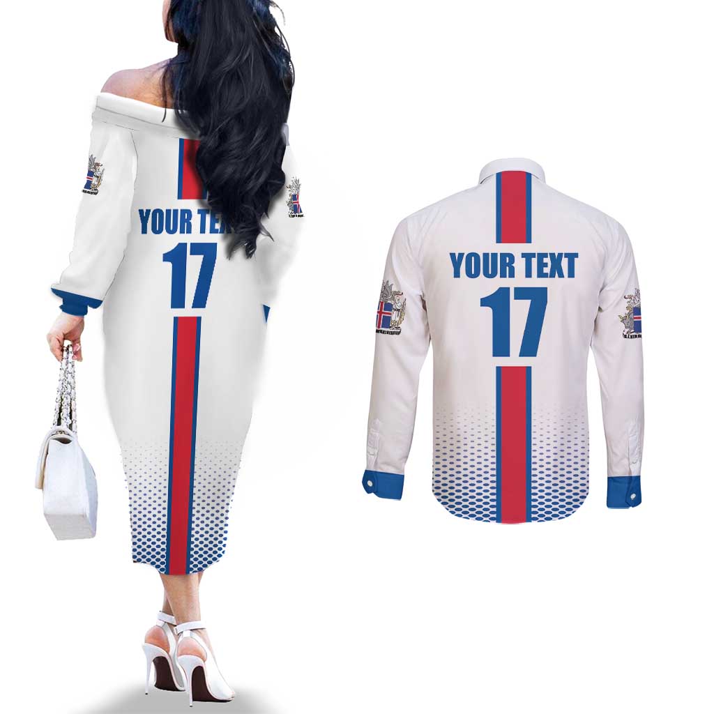 Custom Iceland Football Couples Matching Off The Shoulder Long Sleeve Dress and Long Sleeve Button Shirt White with Flag Style