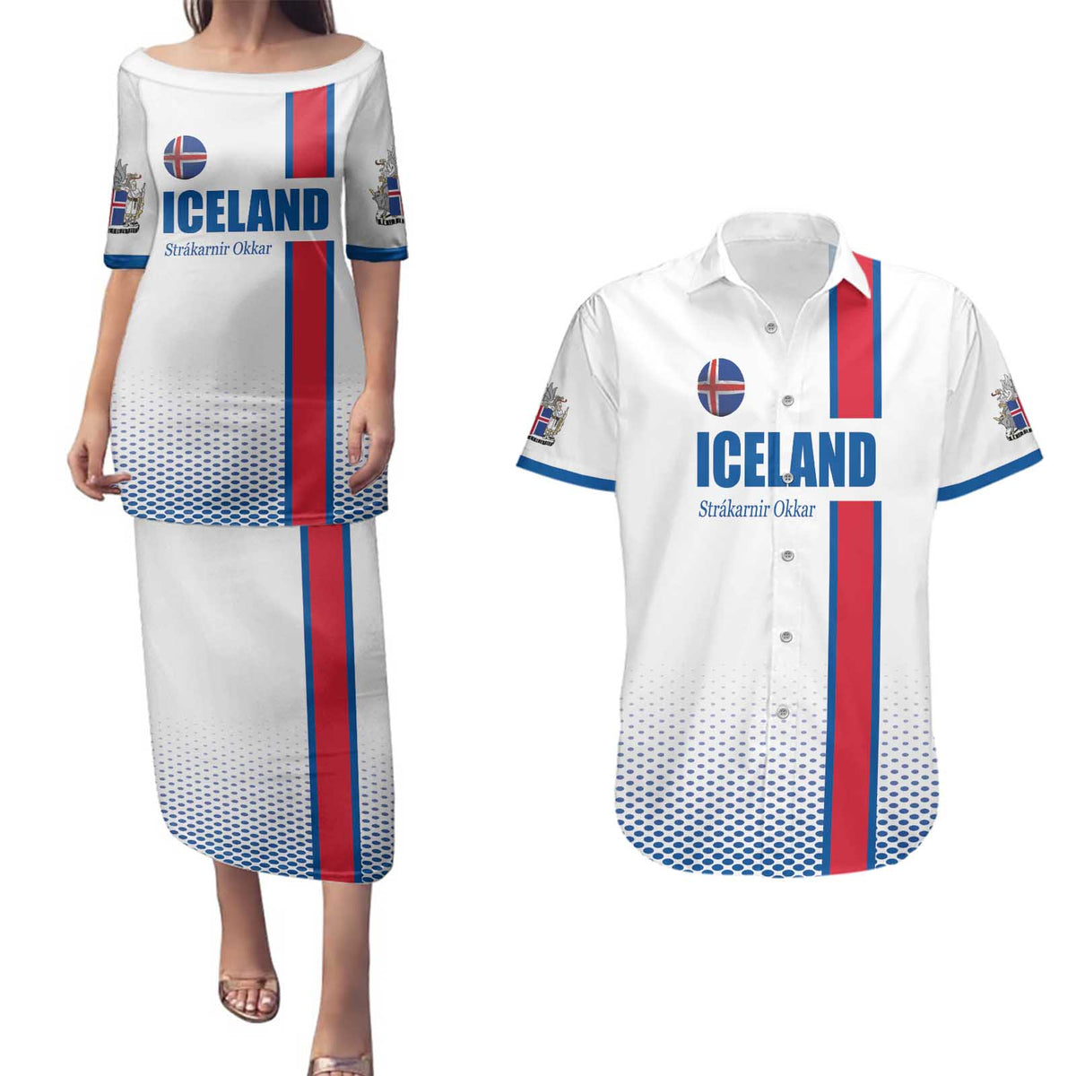 Custom Iceland Football Couples Matching Puletasi and Hawaiian Shirt White with Flag Style