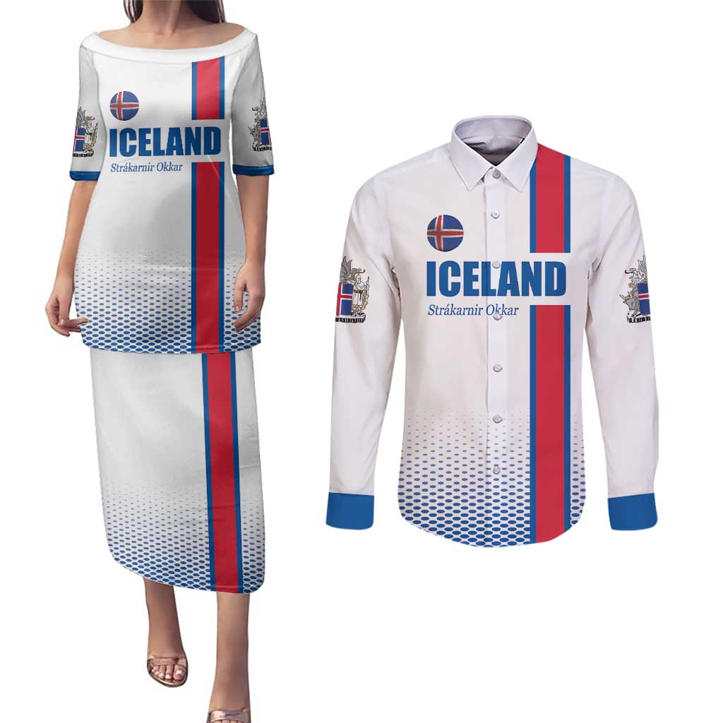 Custom Iceland Football Couples Matching Puletasi and Long Sleeve Button Shirt White with Flag Style