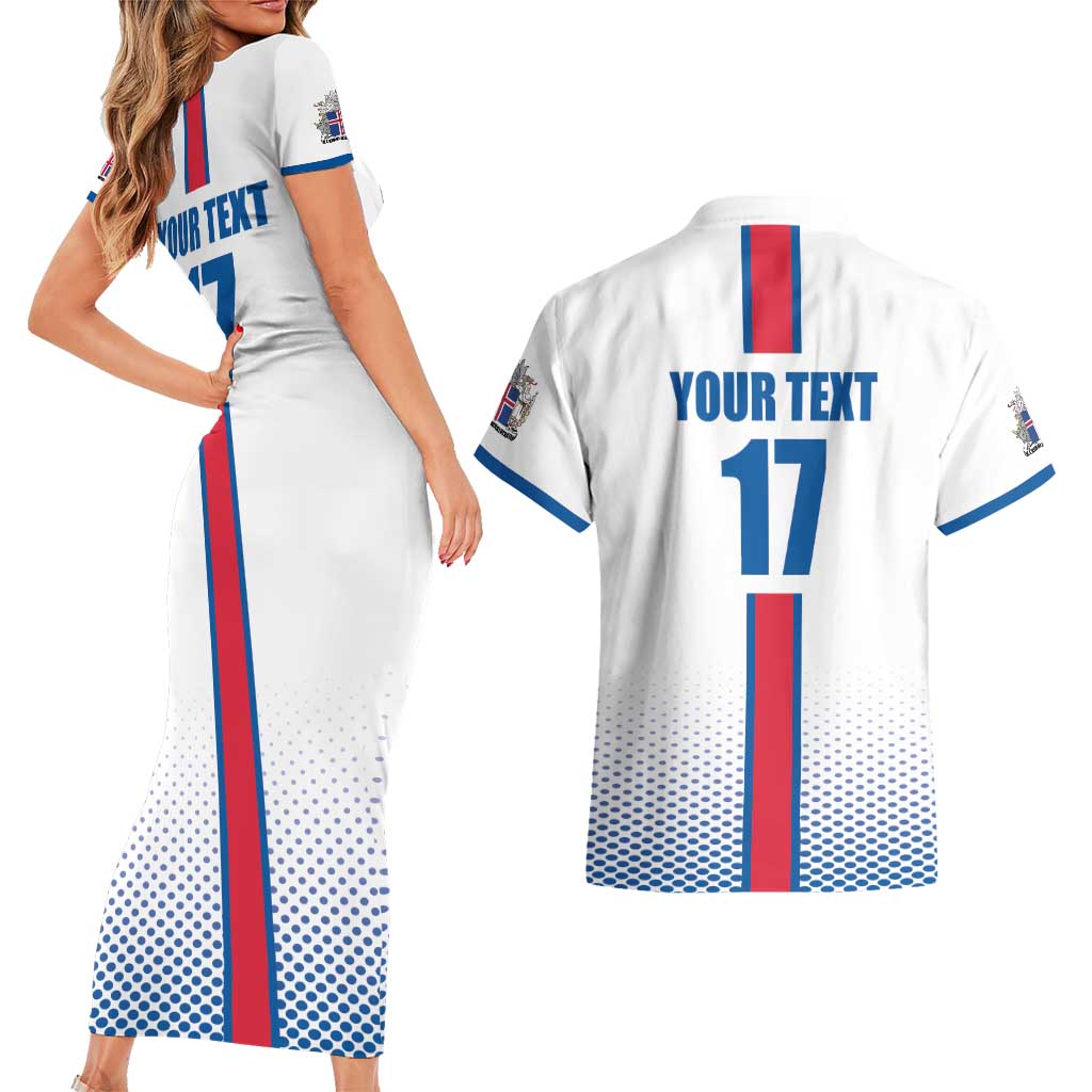 Custom Iceland Football Couples Matching Short Sleeve Bodycon Dress and Hawaiian Shirt White with Flag Style