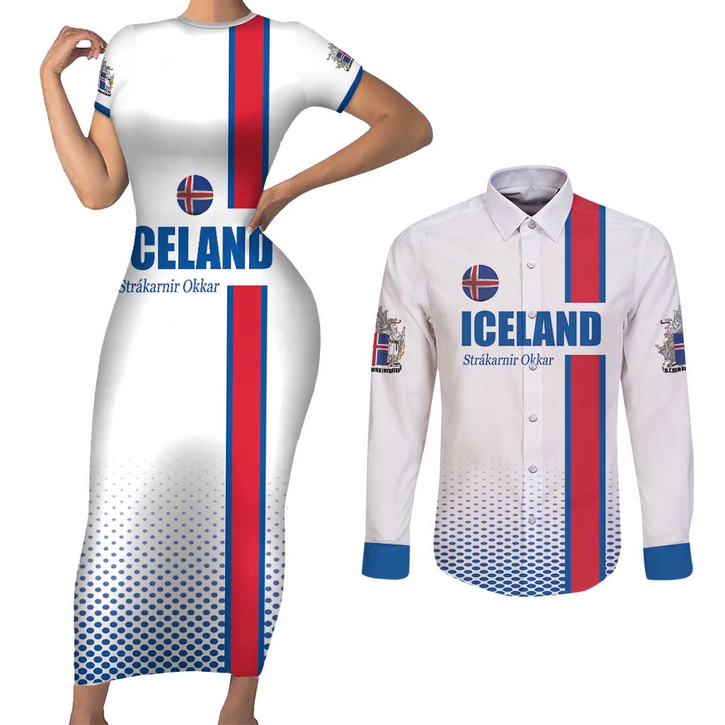 Custom Iceland Football Couples Matching Short Sleeve Bodycon Dress and Long Sleeve Button Shirt White with Flag Style