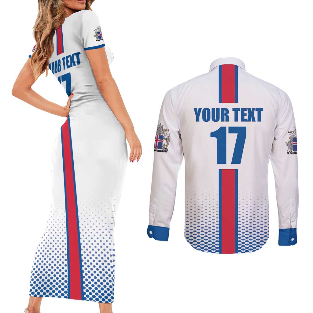 Custom Iceland Football Couples Matching Short Sleeve Bodycon Dress and Long Sleeve Button Shirt White with Flag Style