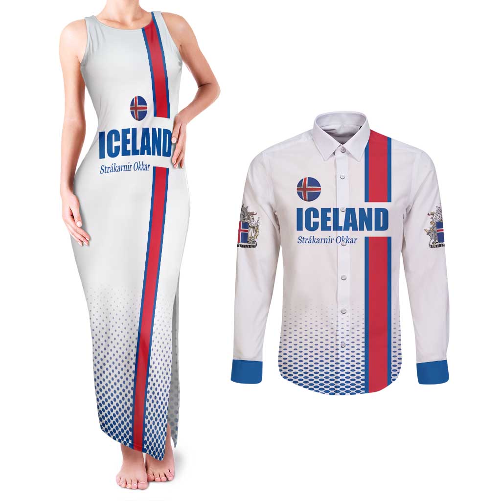 Custom Iceland Football Couples Matching Tank Maxi Dress and Long Sleeve Button Shirt White with Flag Style