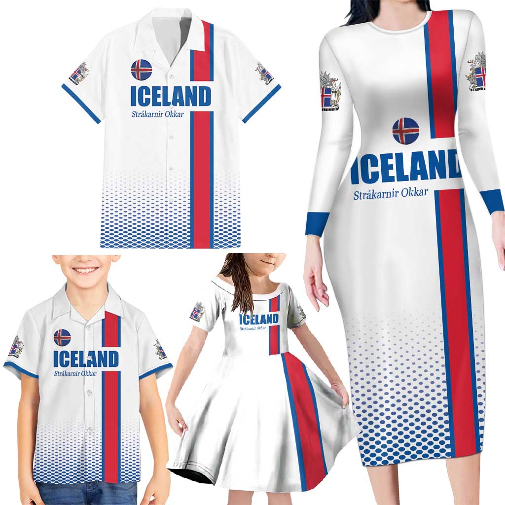 Custom Iceland Football Family Matching Long Sleeve Bodycon Dress and Hawaiian Shirt White with Flag Style
