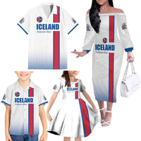 Custom Iceland Football Family Matching Off The Shoulder Long Sleeve Dress and Hawaiian Shirt White with Flag Style