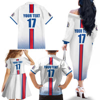 Custom Iceland Football Family Matching Off The Shoulder Long Sleeve Dress and Hawaiian Shirt White with Flag Style