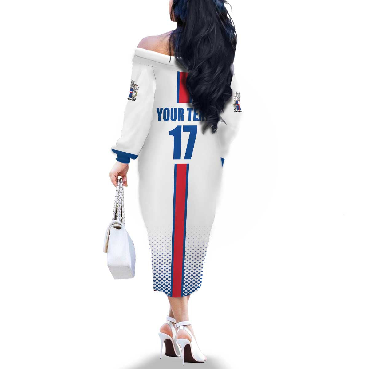 Custom Iceland Football Family Matching Off The Shoulder Long Sleeve Dress and Hawaiian Shirt White with Flag Style
