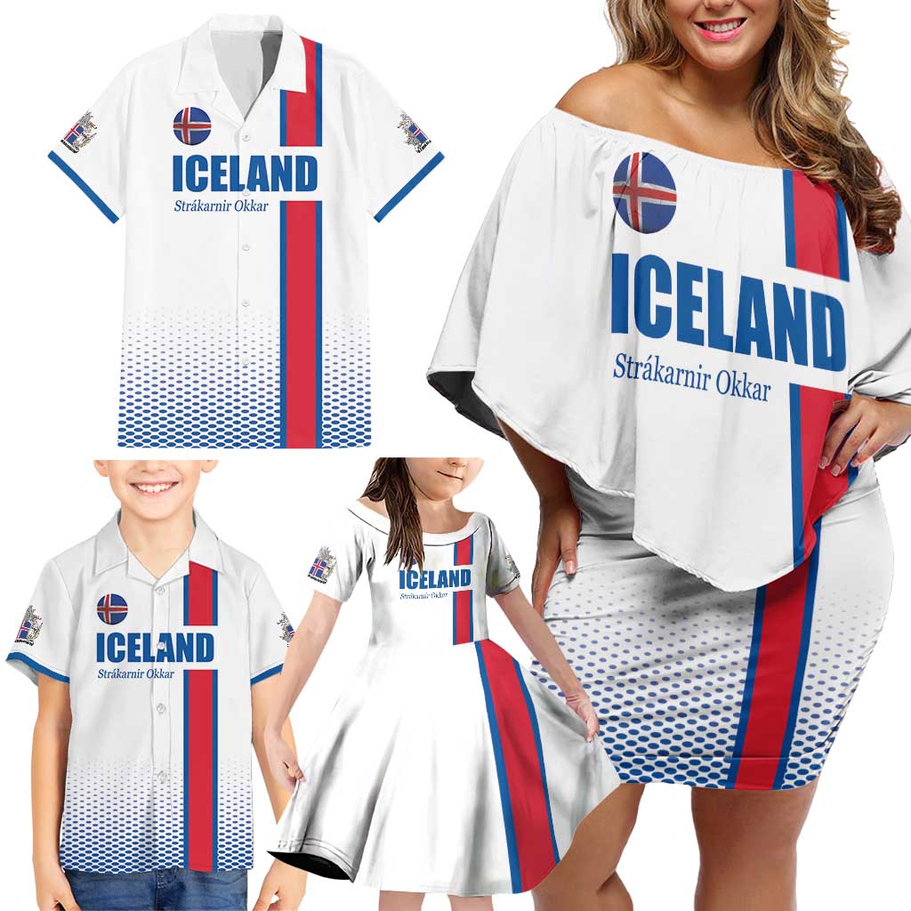 Custom Iceland Football Family Matching Off Shoulder Short Dress and Hawaiian Shirt White with Flag Style