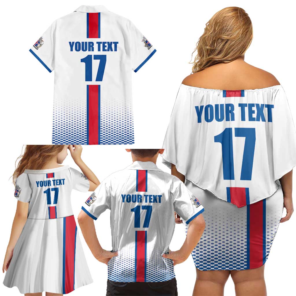 Custom Iceland Football Family Matching Off Shoulder Short Dress and Hawaiian Shirt White with Flag Style