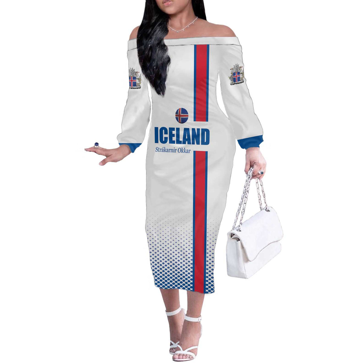 Custom Iceland Football Off The Shoulder Long Sleeve Dress White with Flag Style