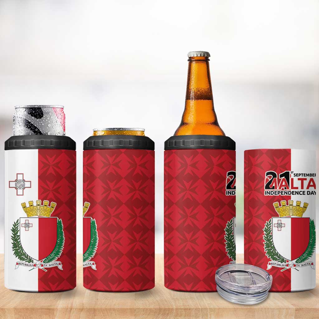 Malta Independence Day 4 in 1 Can Cooler Tumbler Flag Style with Coat of Arms