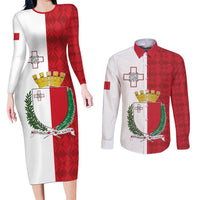 Malta Independence Day Couples Matching Long Sleeve Bodycon Dress and Long Sleeve Button Shirt Flag Style with Coat of Arms