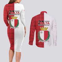 Malta Independence Day Couples Matching Long Sleeve Bodycon Dress and Long Sleeve Button Shirt Flag Style with Coat of Arms
