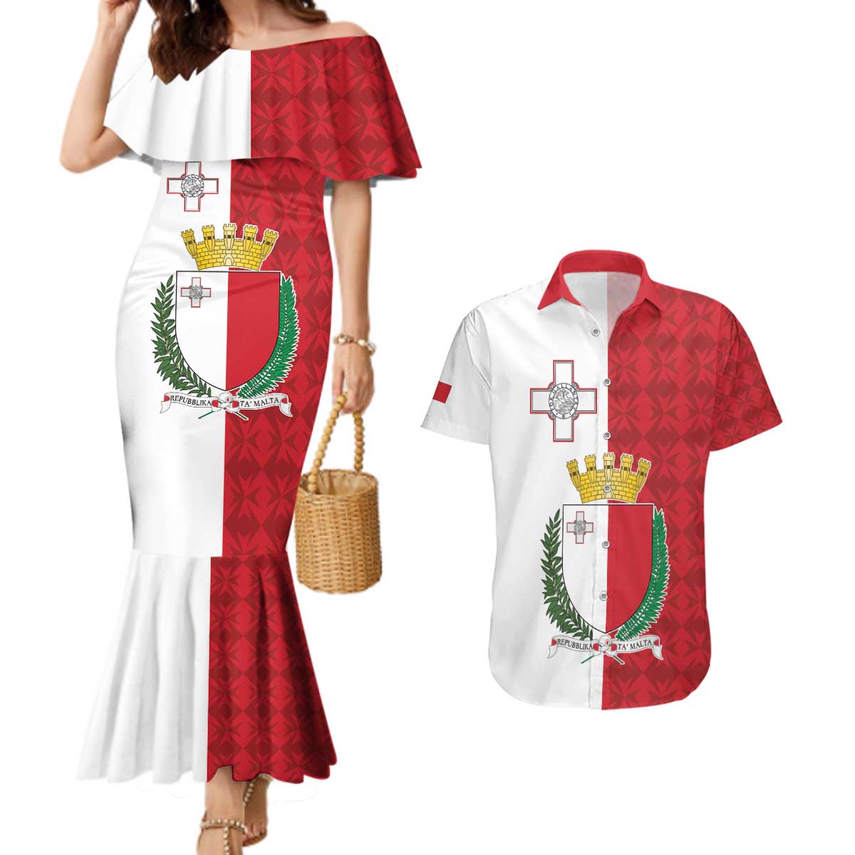 Malta Independence Day Couples Matching Mermaid Dress and Hawaiian Shirt Flag Style with Coat of Arms