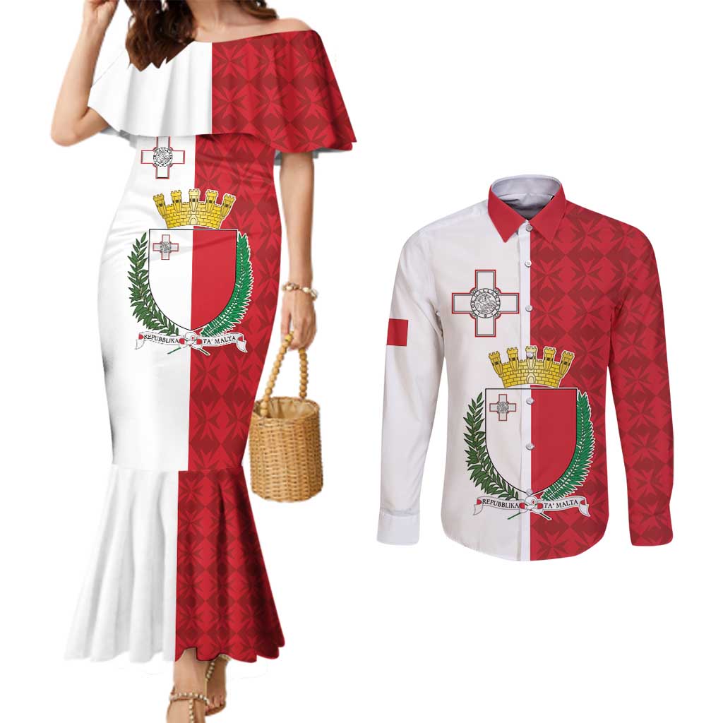 Malta Independence Day Couples Matching Mermaid Dress and Long Sleeve Button Shirt Flag Style with Coat of Arms