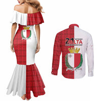 Malta Independence Day Couples Matching Mermaid Dress and Long Sleeve Button Shirt Flag Style with Coat of Arms