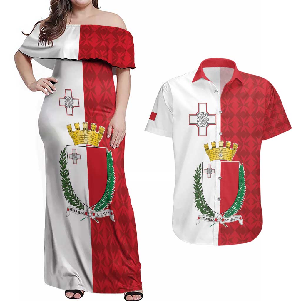 Malta Independence Day Couples Matching Off Shoulder Maxi Dress and Hawaiian Shirt Flag Style with Coat of Arms