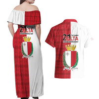 Malta Independence Day Couples Matching Off Shoulder Maxi Dress and Hawaiian Shirt Flag Style with Coat of Arms