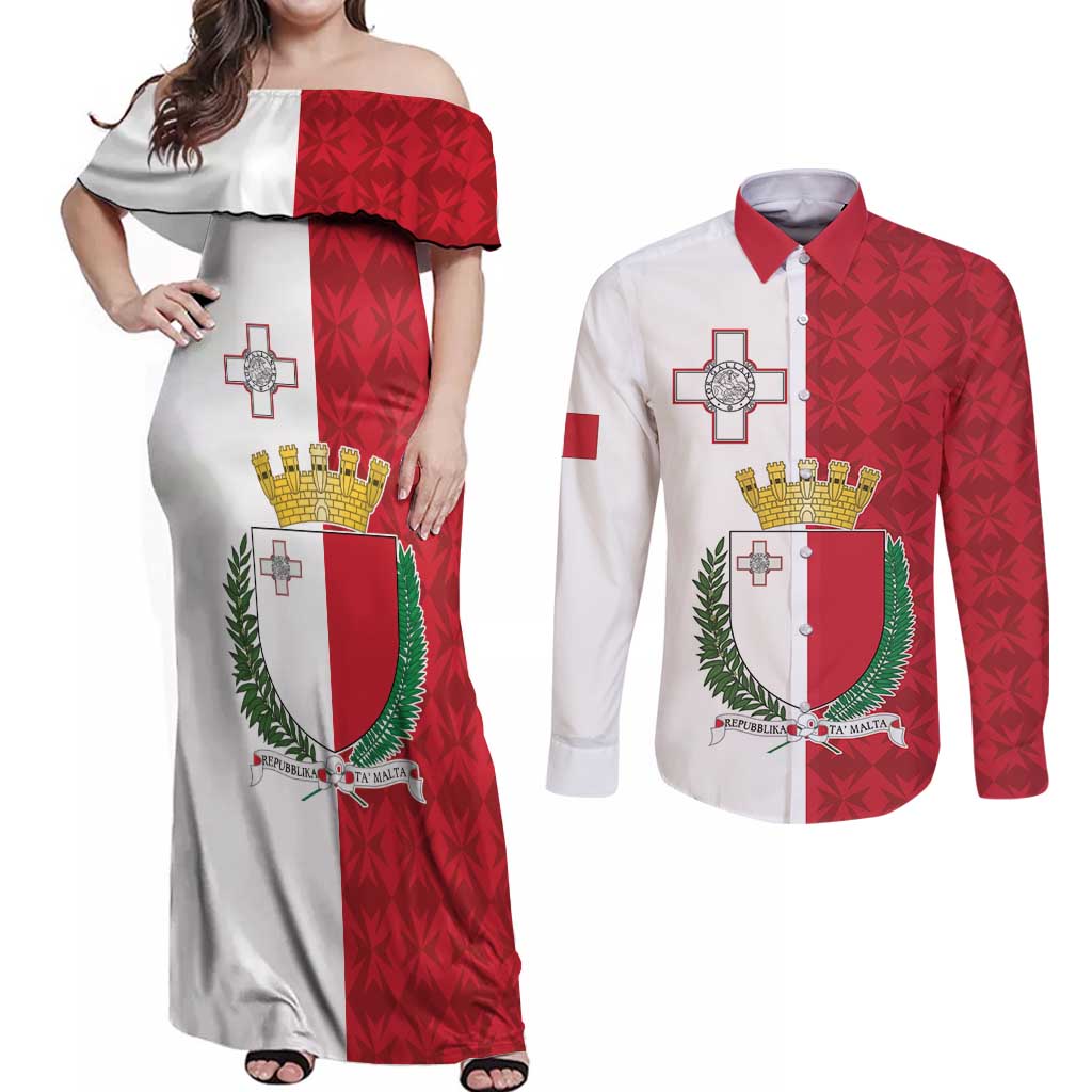 Malta Independence Day Couples Matching Off Shoulder Maxi Dress and Long Sleeve Button Shirt Flag Style with Coat of Arms
