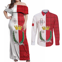 Malta Independence Day Couples Matching Off Shoulder Maxi Dress and Long Sleeve Button Shirt Flag Style with Coat of Arms