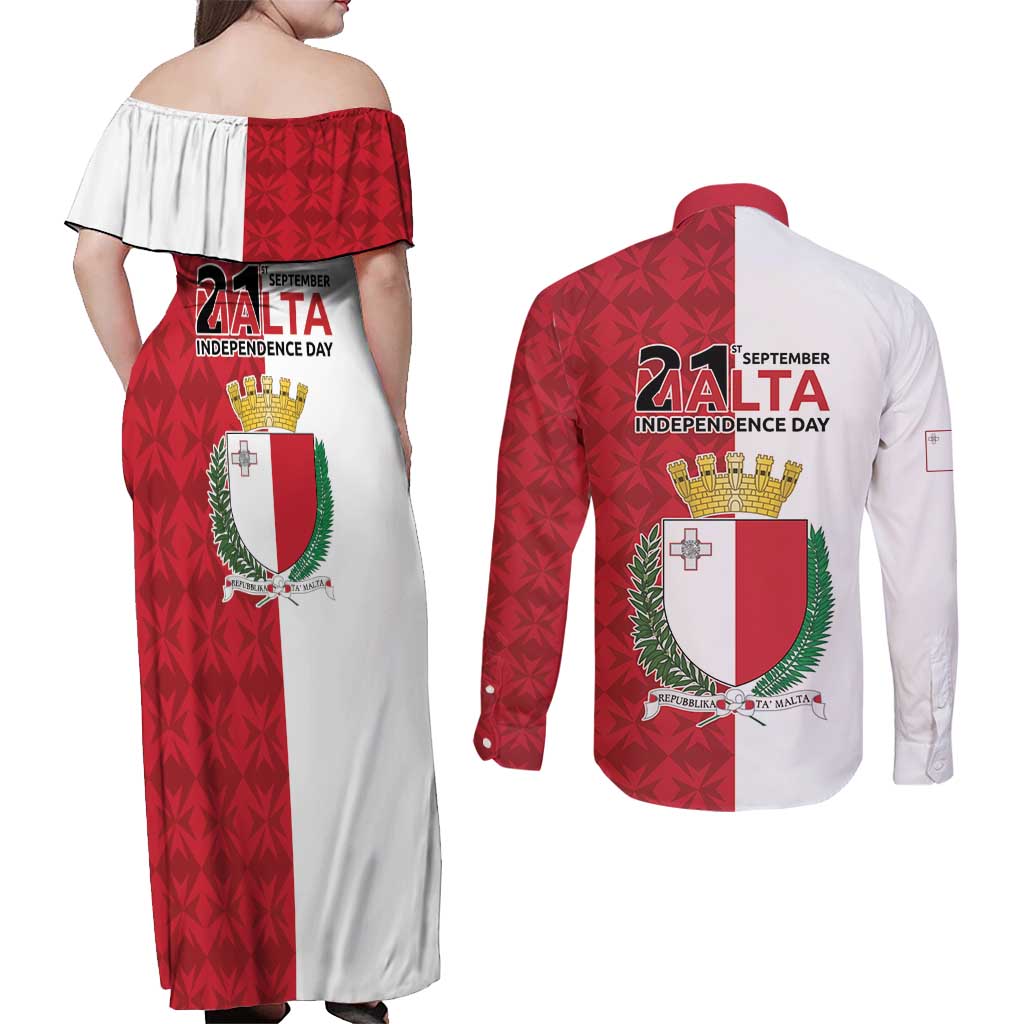 Malta Independence Day Couples Matching Off Shoulder Maxi Dress and Long Sleeve Button Shirt Flag Style with Coat of Arms