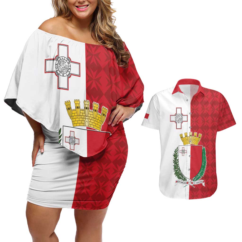 Malta Independence Day Couples Matching Off Shoulder Short Dress and Hawaiian Shirt Flag Style with Coat of Arms