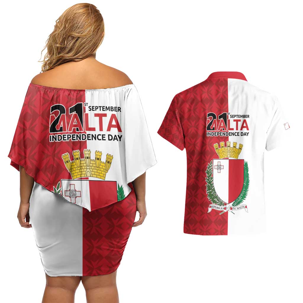 Malta Independence Day Couples Matching Off Shoulder Short Dress and Hawaiian Shirt Flag Style with Coat of Arms