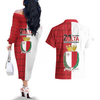 Malta Independence Day Couples Matching Off The Shoulder Long Sleeve Dress and Hawaiian Shirt Flag Style with Coat of Arms