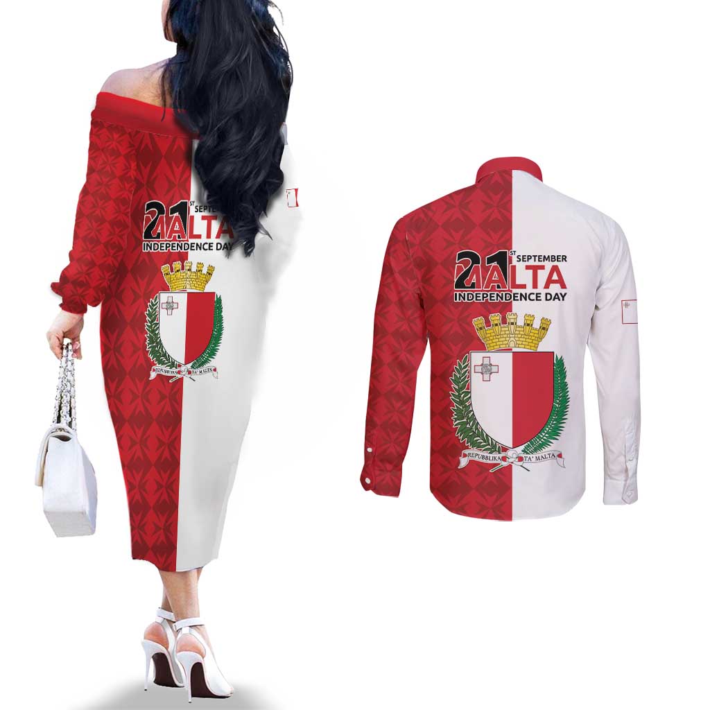 Malta Independence Day Couples Matching Off The Shoulder Long Sleeve Dress and Long Sleeve Button Shirt Flag Style with Coat of Arms