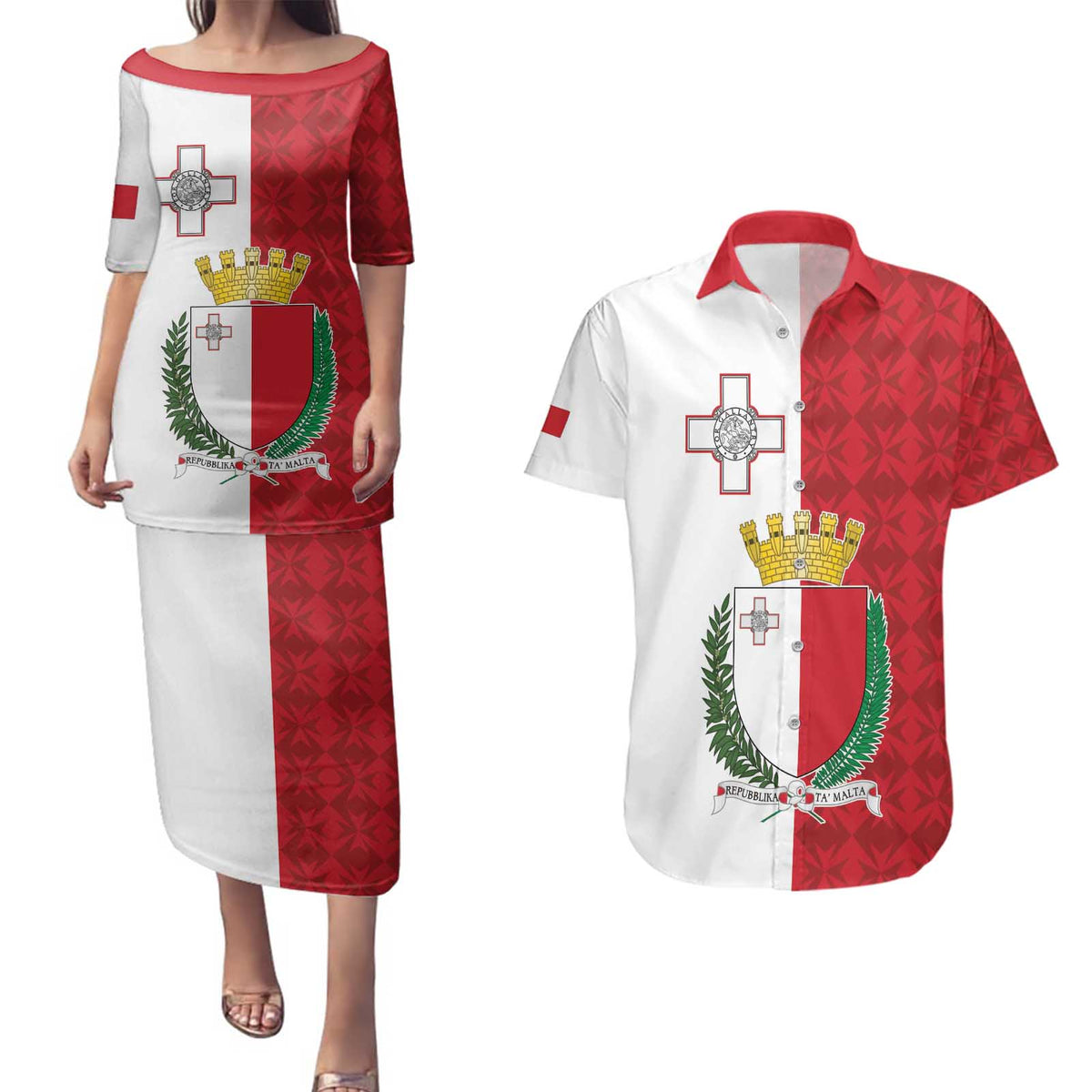 Malta Independence Day Couples Matching Puletasi and Hawaiian Shirt Flag Style with Coat of Arms