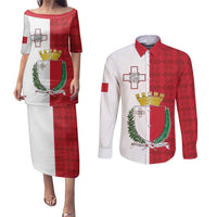 Malta Independence Day Couples Matching Puletasi and Long Sleeve Button Shirt Flag Style with Coat of Arms