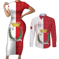 Malta Independence Day Couples Matching Short Sleeve Bodycon Dress and Long Sleeve Button Shirt Flag Style with Coat of Arms