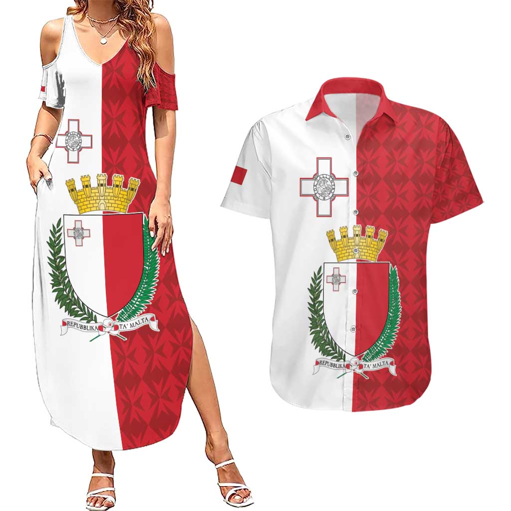 Malta Independence Day Couples Matching Summer Maxi Dress and Hawaiian Shirt Flag Style with Coat of Arms